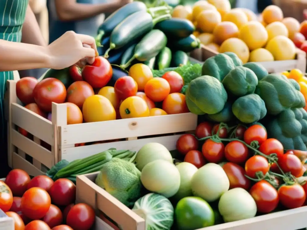 Un bullicioso puesto de mercado con productos orgánicos sin gluten certificados y clientes felices seleccionando frutas y verduras frescas