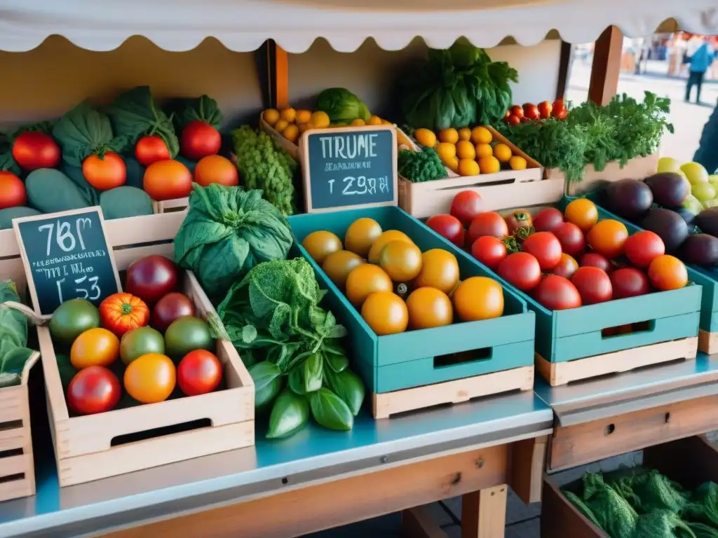 Un bullicioso puesto de mercado rebosante de frutas y verduras frescas de temporada, perfecto para recetas veganas sin gluten