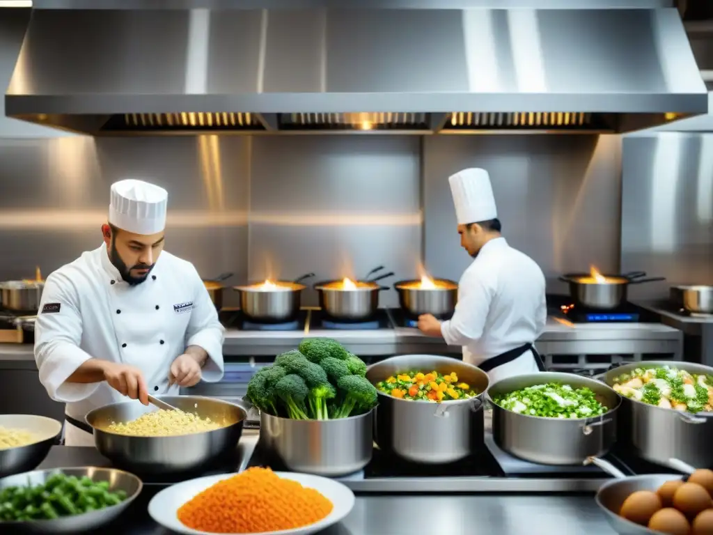 Un bullicioso restaurante lleno de chefs concentrados en sus tareas