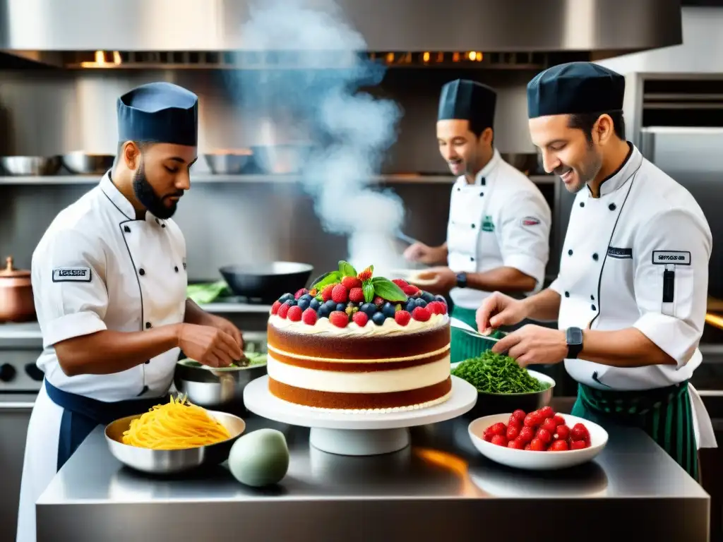 Un bullicioso y vibrante escenario en una cocina, chefs preparando platos sin gluten con pasión y destreza