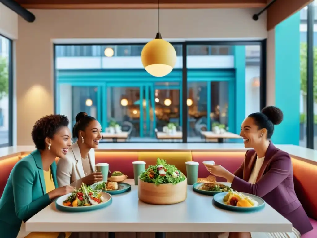 Un café acogedor con amigos disfrutando de platos sin gluten en un ambiente vibrante y moderno