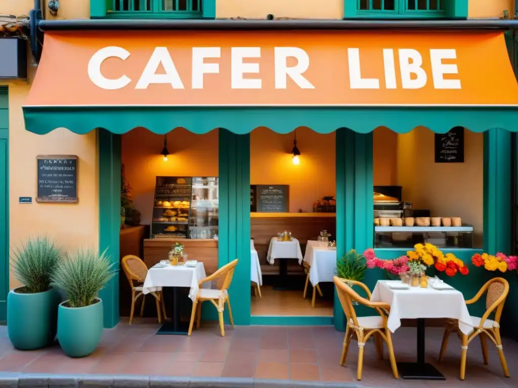 Un café acogedor y libre de gluten en Valencia, España, con mesas al aire libre, sombrillas coloridas y flores vibrantes