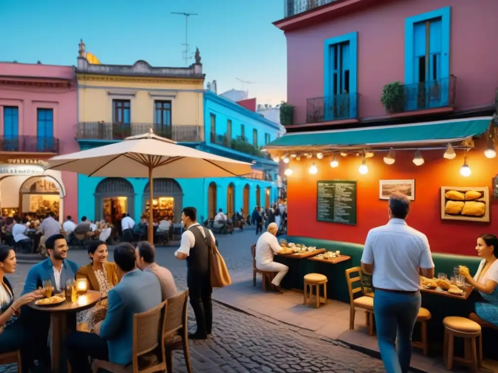 Un café al aire libre en Buenos Aires, con locales y viajeros disfrutando de empanadas sin gluten bajo luces de colores