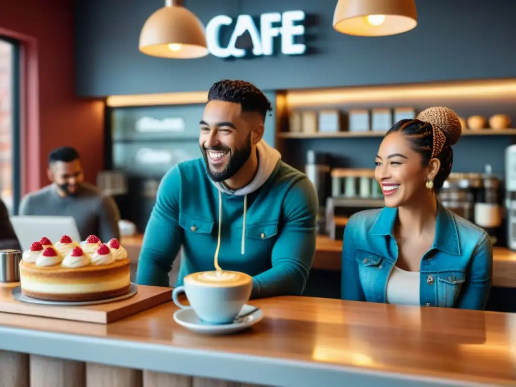 Un café bullicioso con clientes diversos disfrutando de repostería y bebidas sin gluten, creando historias fascinantes