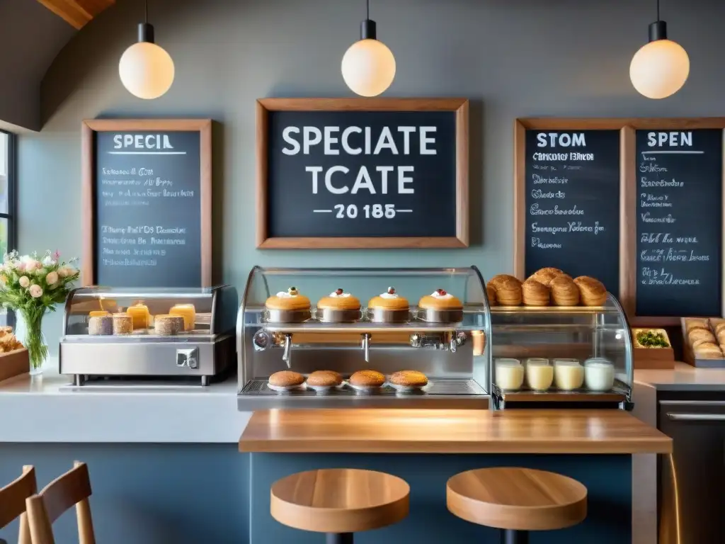 Un café moderno y acogedor, con pastelería sin gluten, barista creando arte en café y ambiente acogedor de indulgencia gourmet