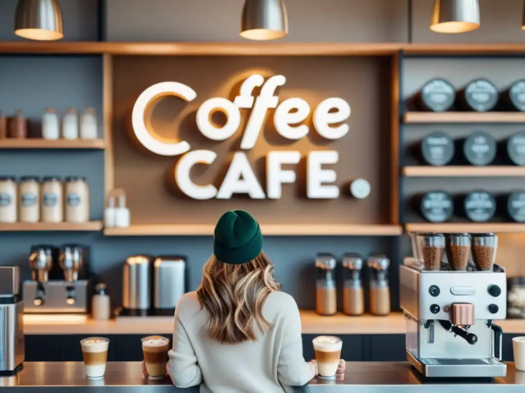 Un café moderno y acogedor donde personas disfrutan de café, con letrero 'GlutenFree Café' y barista sonriente