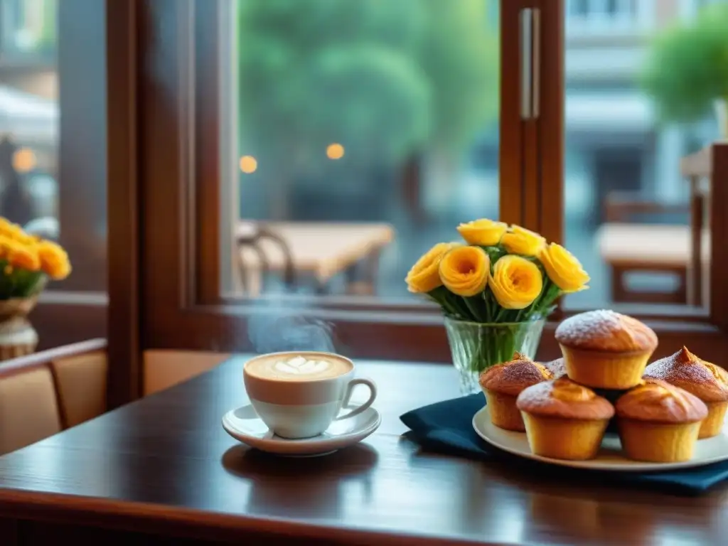 Café y pasteles sin gluten en acogedor café con mesa elegante y tazas de café humeante, bañados por luz cálida