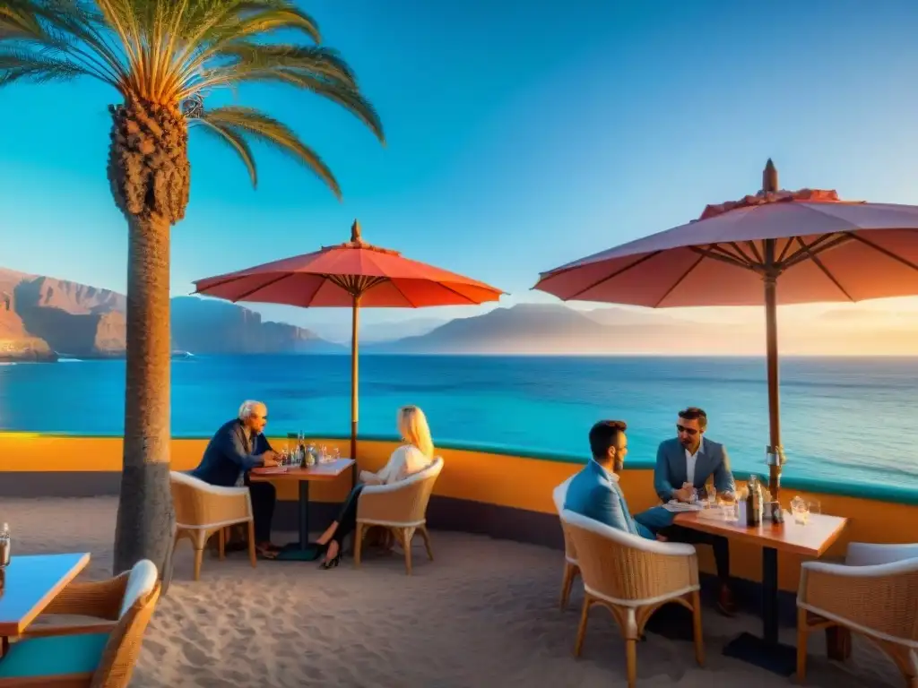 Un café playero en Tenerife con opciones sin gluten, gente disfrutando bajo sombrillas coloridas al atardecer