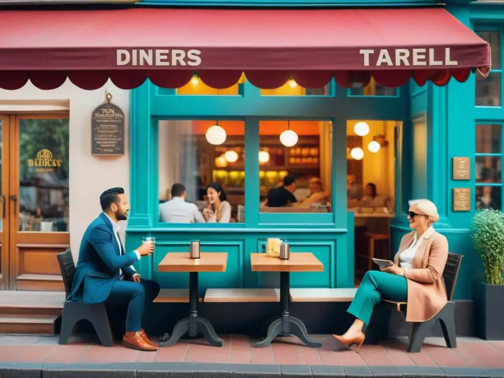 Un café sereno en una ciudad europea bulliciosa, donde viajeros disfrutan platos sin gluten bajo coloridos parasoles