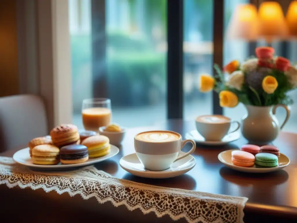 Un café tranquilo y acogedor con delicias sin gluten: café caliente, croissants, muffins y macarons coloridos