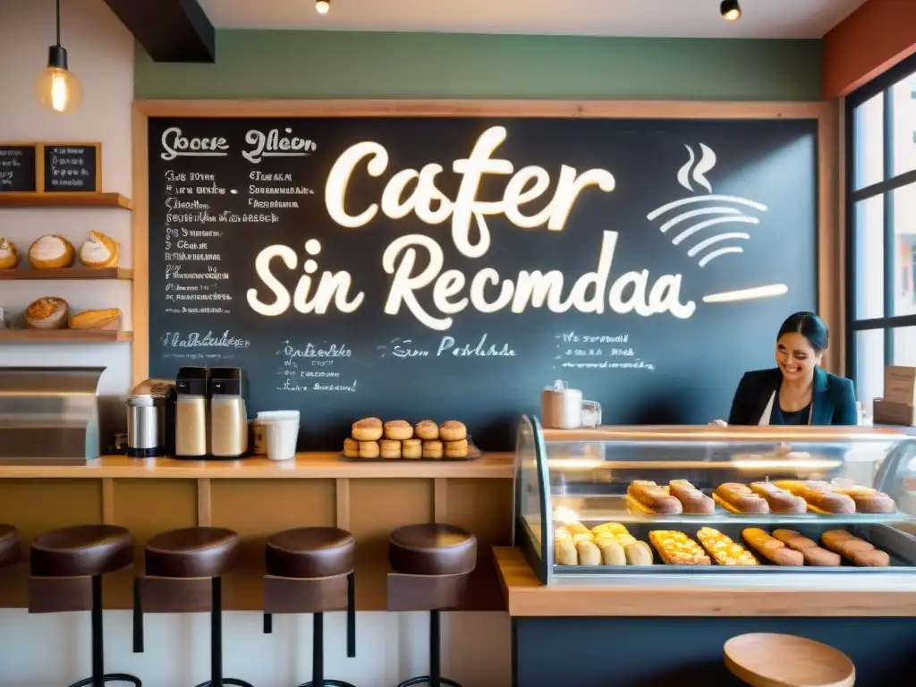 Una cafetería acogedora con letrero 'Cafetería sin gluten recomendada' donde clientes disfrutan de pasteles y café sin gluten