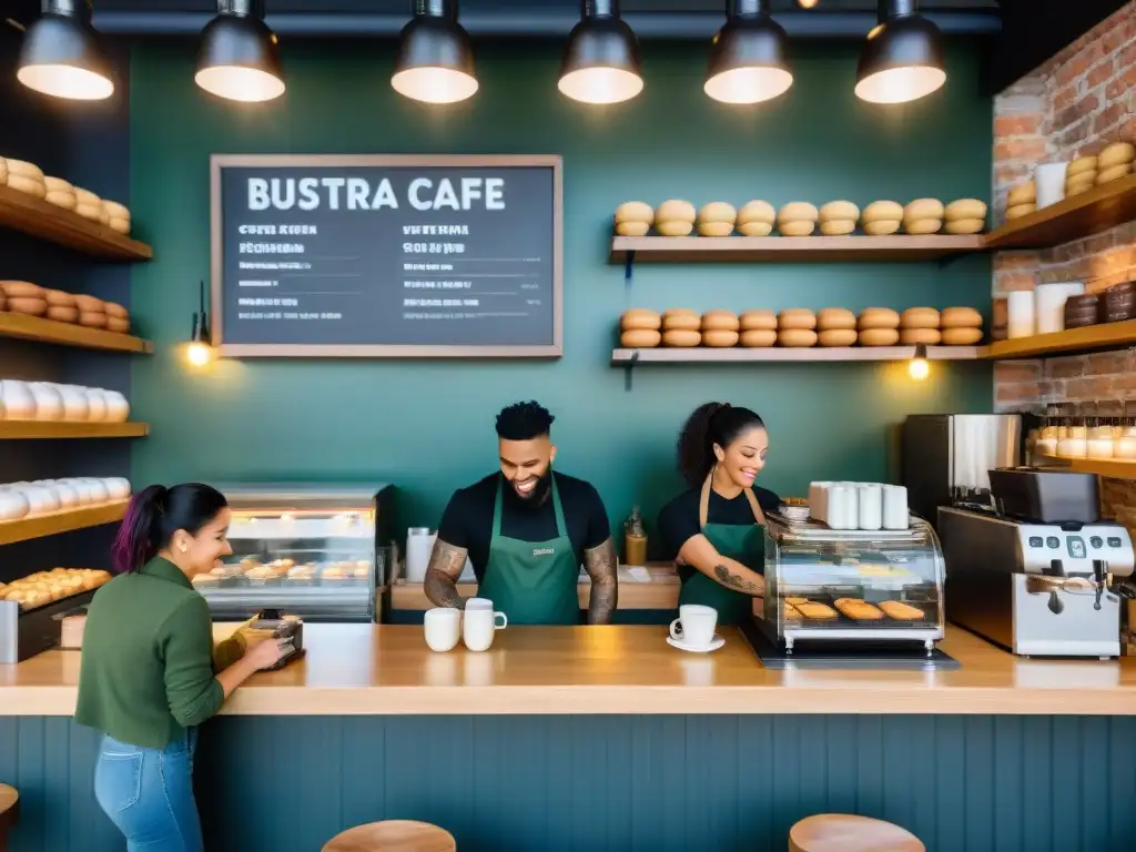 Cafetería sin gluten: ambiente moderno con variedad de clientes disfrutando café y repostería, barista tatuado creando arte en cappuccino