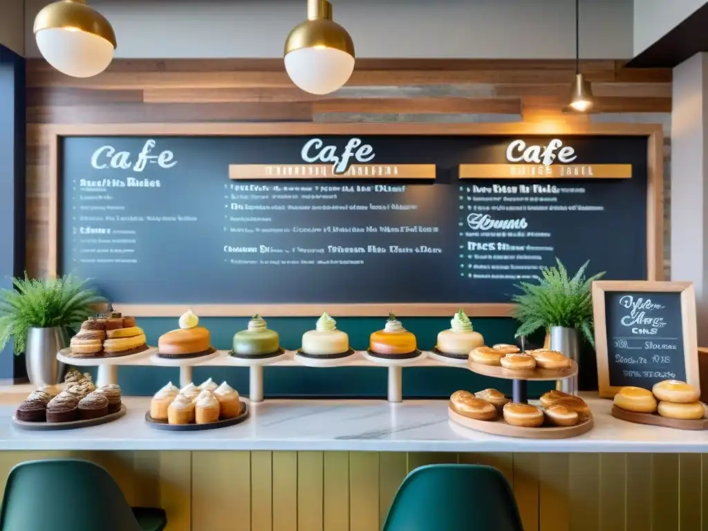 Una cafetería sin gluten innovadora con pastelería fresca y café de colores vibrantes en un ambiente acogedor y moderno