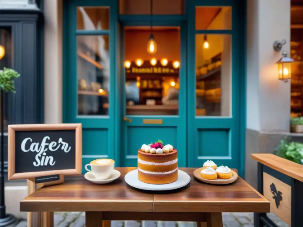 Una cafetería sin gluten oculta en una encantadora calle empedrada, con clientes felices disfrutando de delicias sin gluten