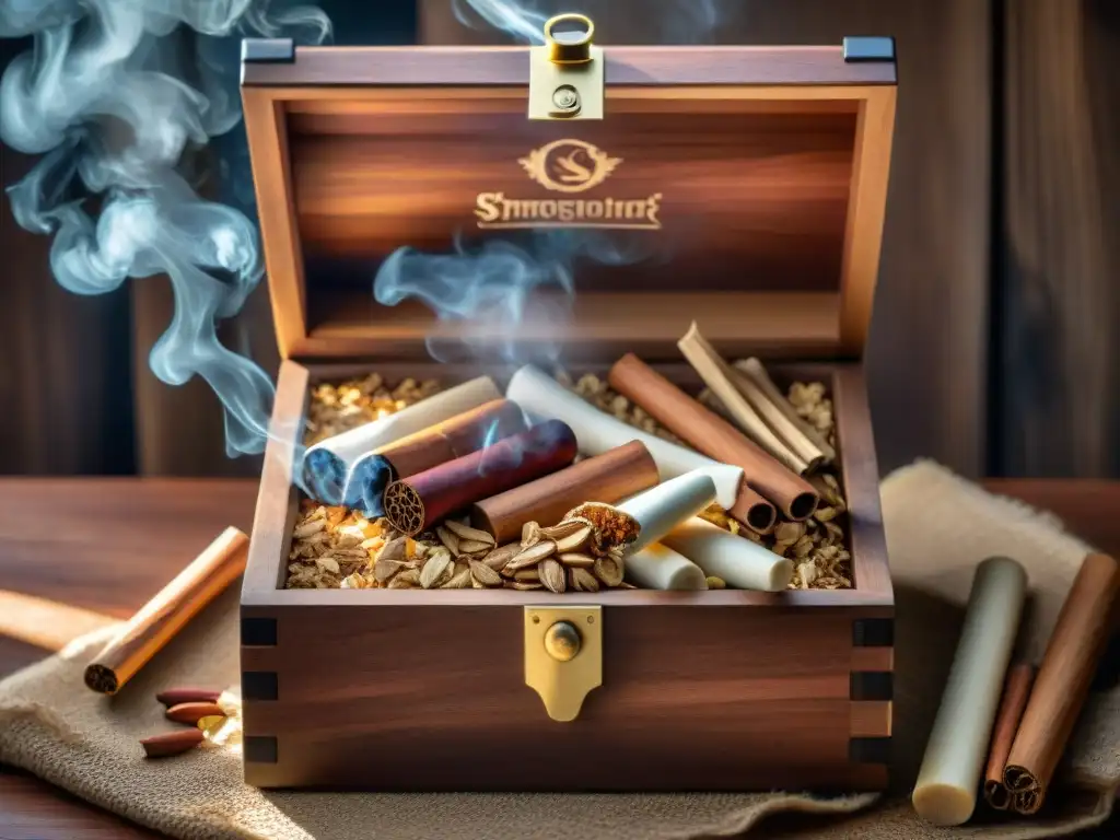 Una caja de madera para ahumar sin gluten con virutas de roble, cerezo, manzano y nogal, iluminada naturalmente en un entorno sereno