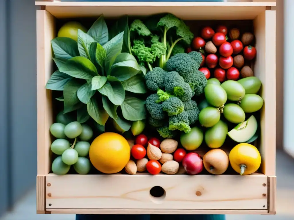 Una caja de madera llena de frutas, verduras, frutos secos y granos coloridos, ideal para menús semanales vegano sin gluten