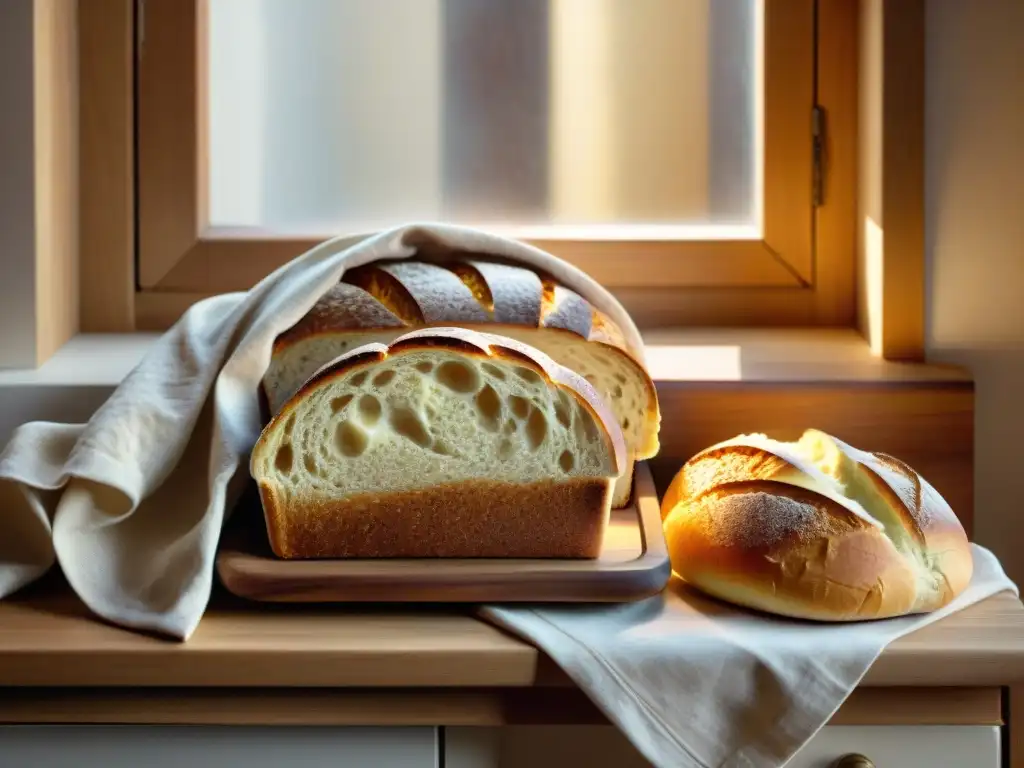 Una caja de madera rústica rebosante de pan sin gluten fresco, evocando calidez y comfort en la cocina