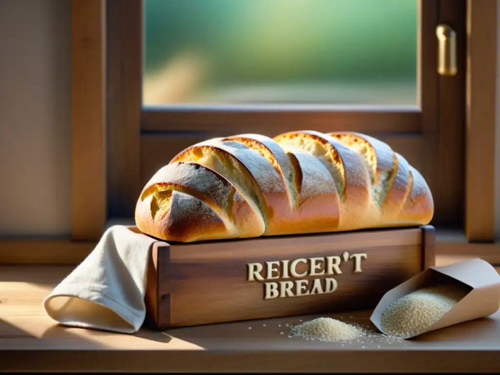 Una caja rústica de madera llena de pan sin gluten fresco, bañada por la cálida luz del sol