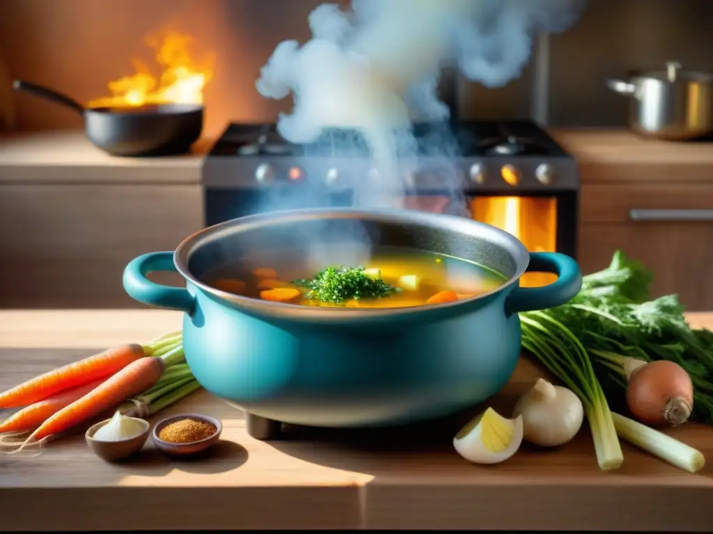 Un caldero humeante de caldo sin gluten, con verduras frescas, cocina rústica al atardecer