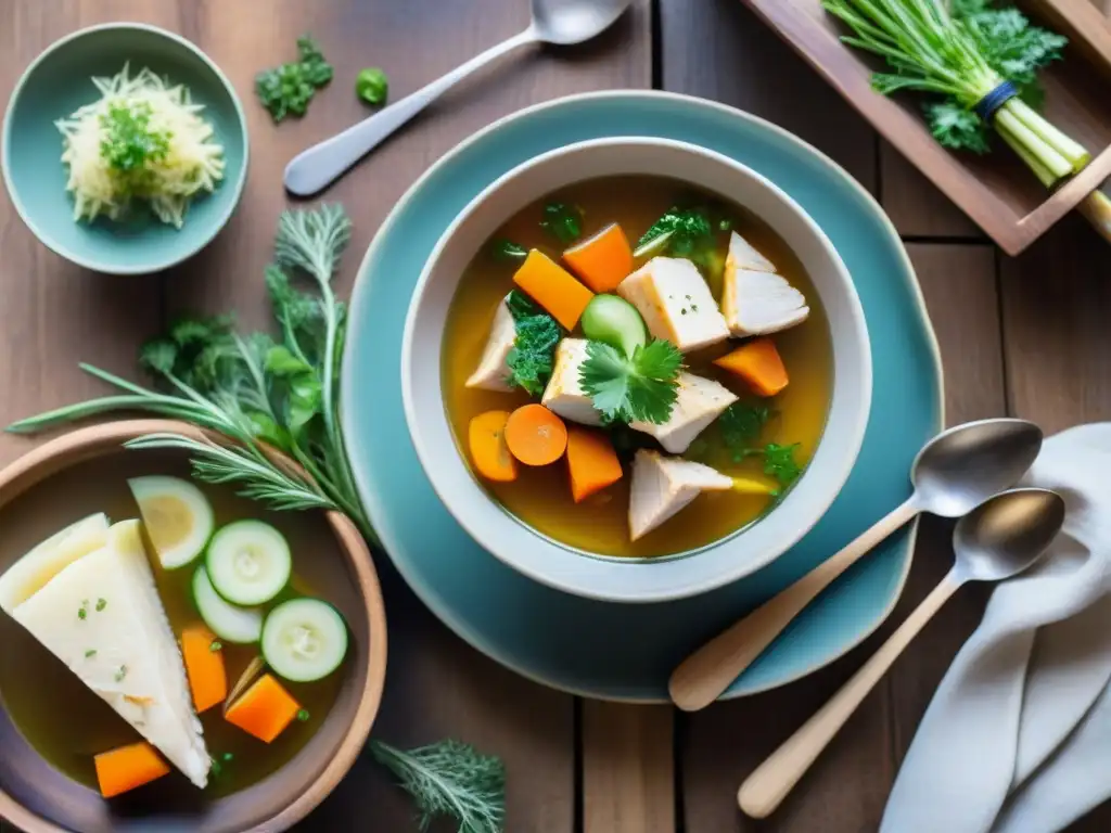 Caldo sin gluten reconfortante con pollo, verduras y hierbas frescas en mesa rústica