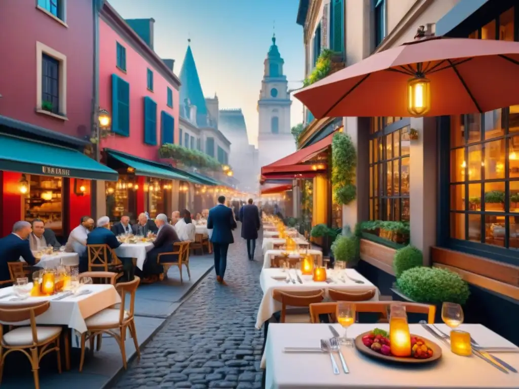 Una calle urbana bulliciosa con encantadores cafés al aire libre, mesas elegantes y vibrantes platos sin gluten