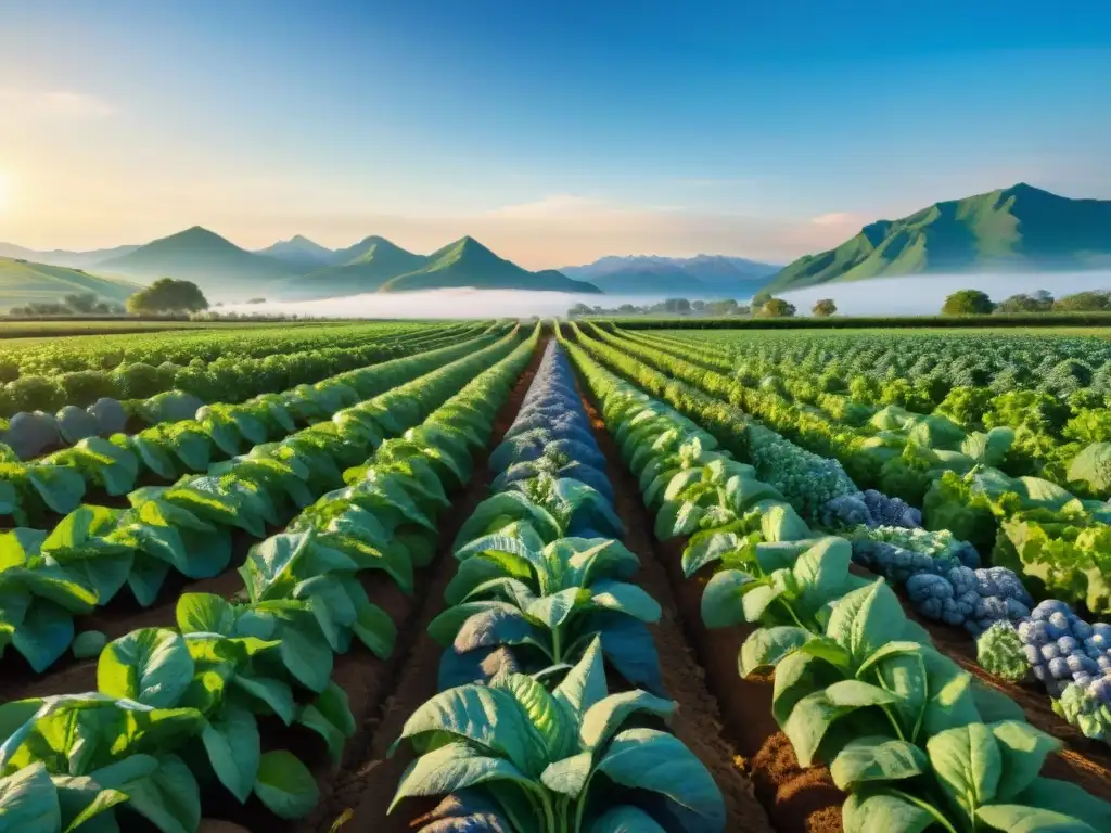 Un campo de cultivo orgánico sin gluten rebosante de vida, bajo el sol brillante y rodeado de naturaleza