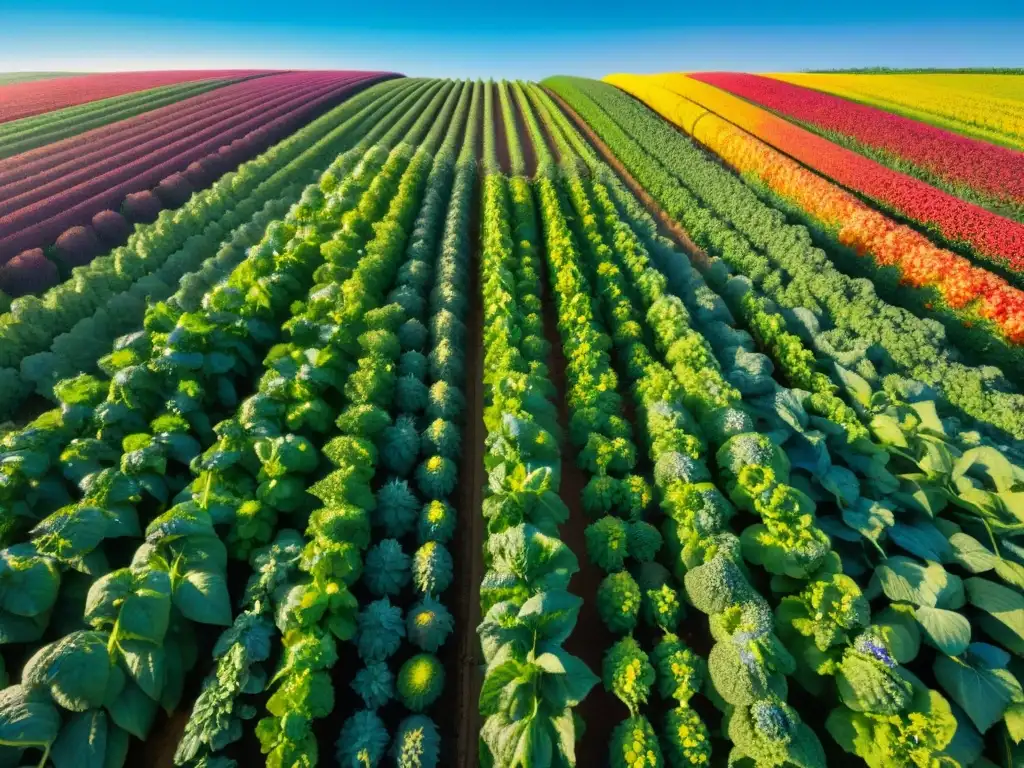 Un campo de cultivo orgánico vibrante y detallado, lleno de frutas y verduras frescas, bajo un cielo azul brillante