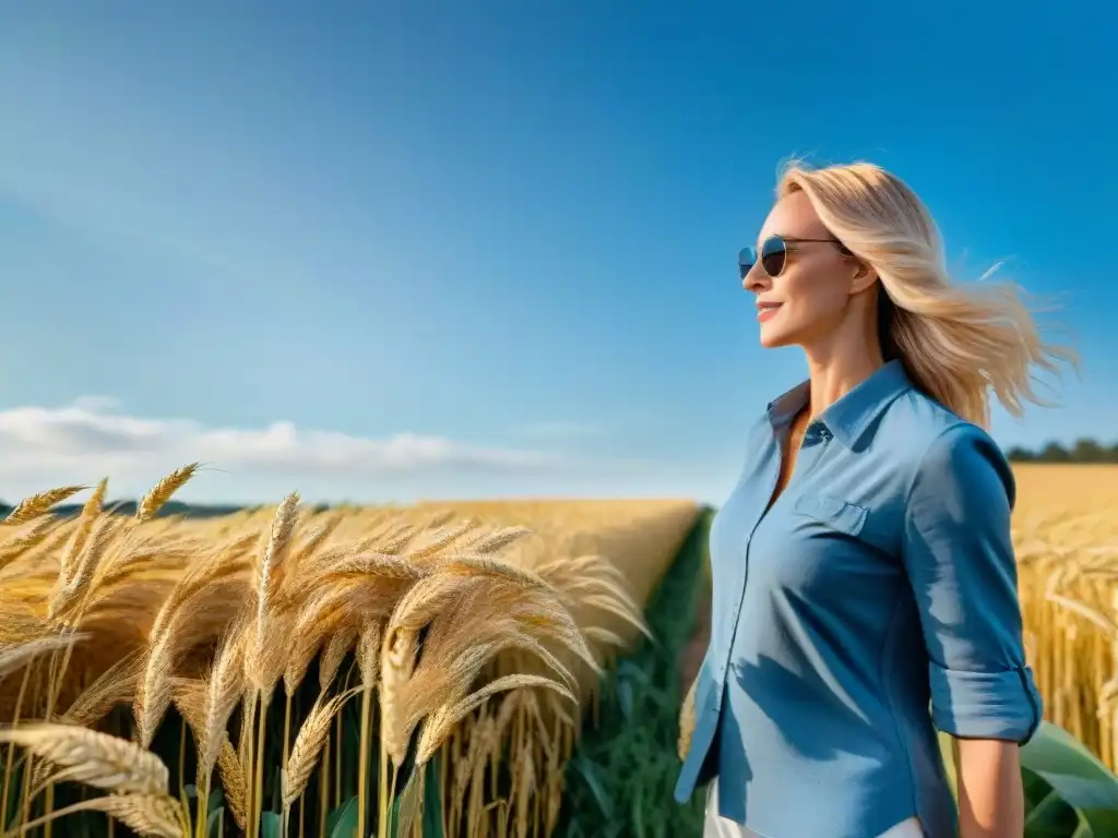 Un campo dorado de avena sin gluten ondeando al viento, con un granjero cosechando el grano nutritivo bajo el cielo azul