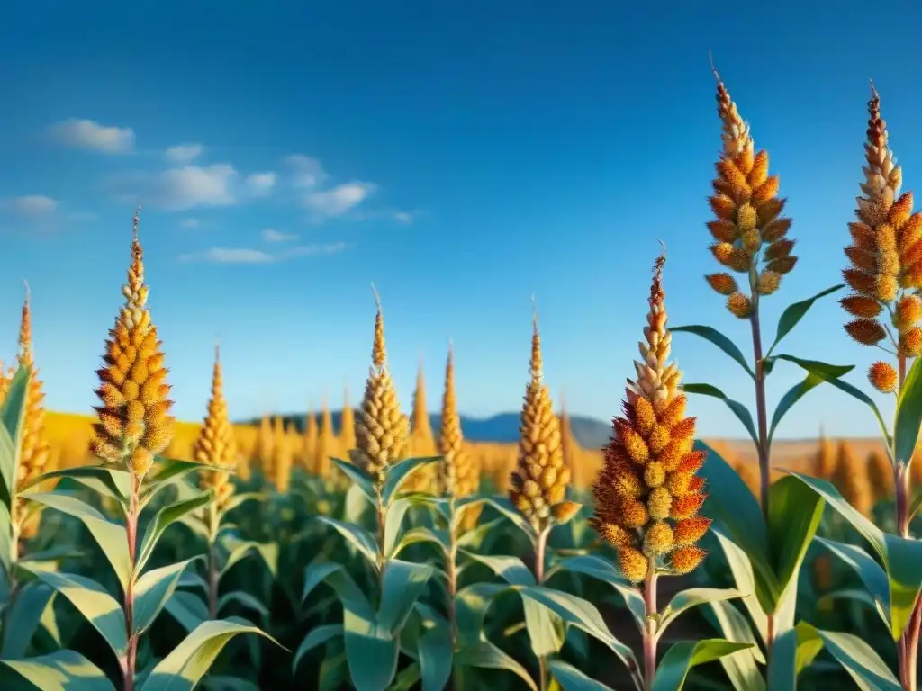 Un campo dorado de sorgo ondeando suavemente bajo el cielo azul, destacando la belleza del sorgo en dietas sin gluten