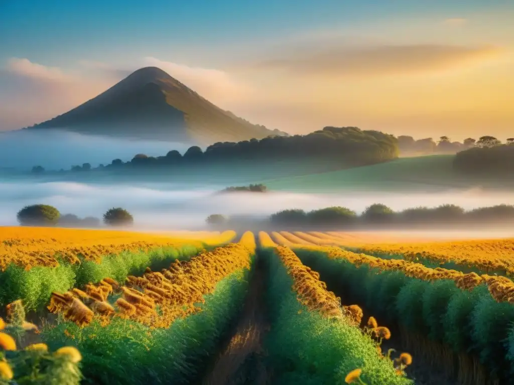 Un campo dorado de sorgo, con el sol poniéndose atrás