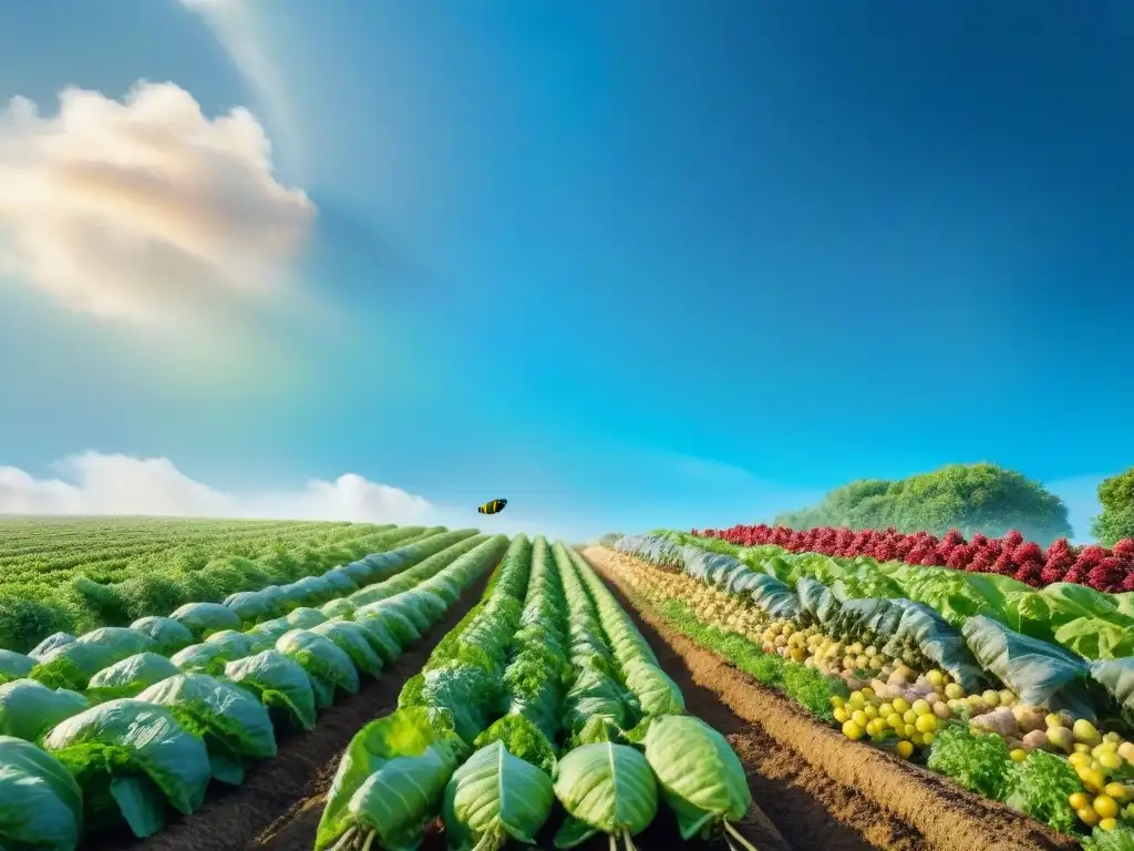 Un campo exuberante con frutas y verduras coloridas, abejas y mariposas revoloteando