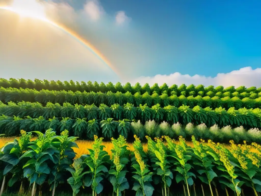 Un campo exuberante y vibrante, lleno de frutas coloridas bajo el sol brillante