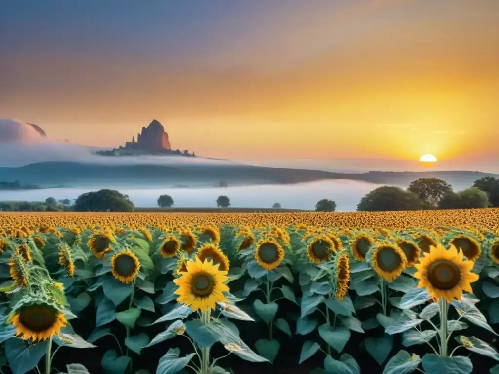 Un campo de girasoles al atardecer, bañado en luz dorada con abejas revoloteando