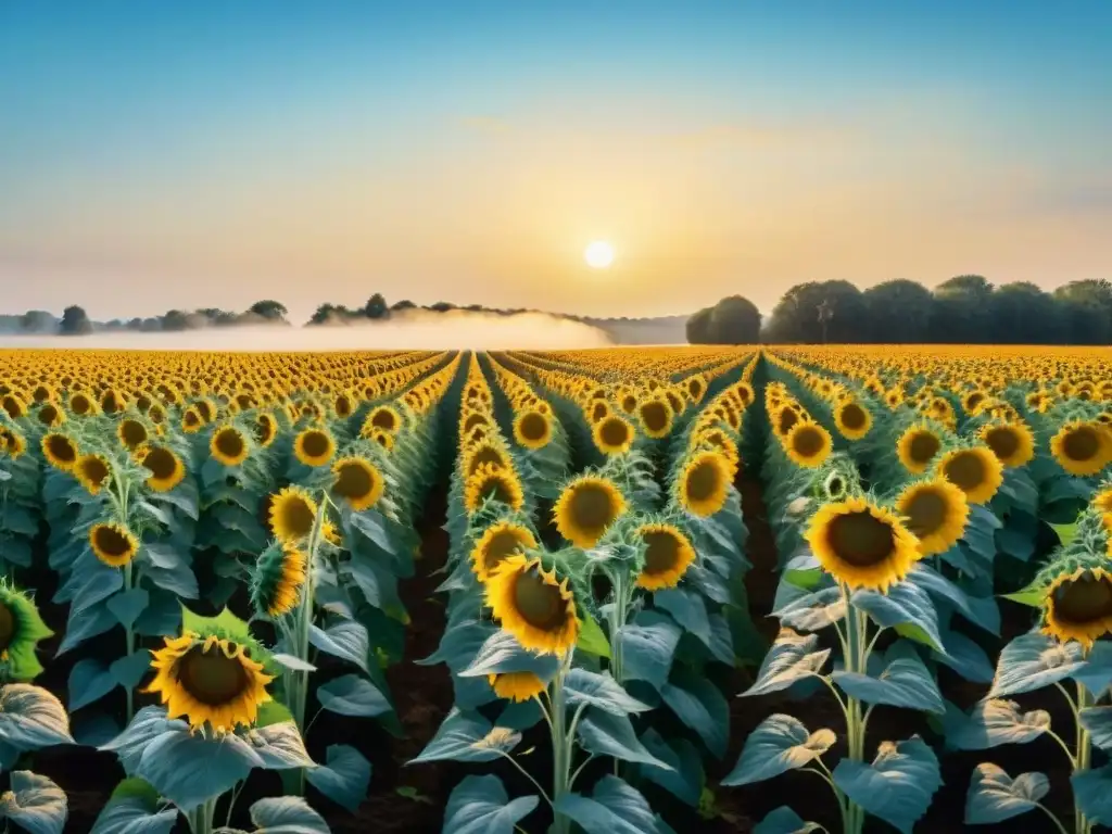 Un campo de girasoles al amanecer, con hileras de altas flores bajo el cielo azul y abejas revoloteando