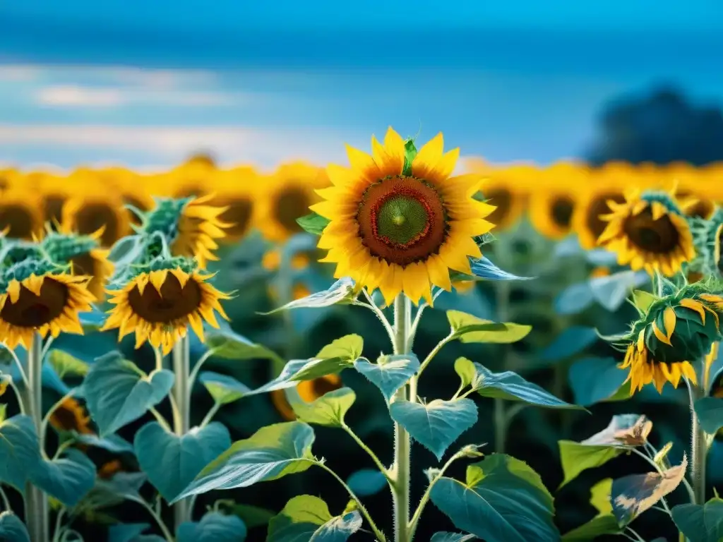 Un campo de girasoles vibrante bajo el sol, con abejas y mariposas revoloteando