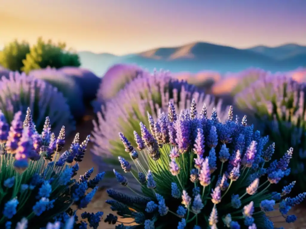 Campo de lavanda morada en flor bajo el cielo azul, con abejas recolectando néctar