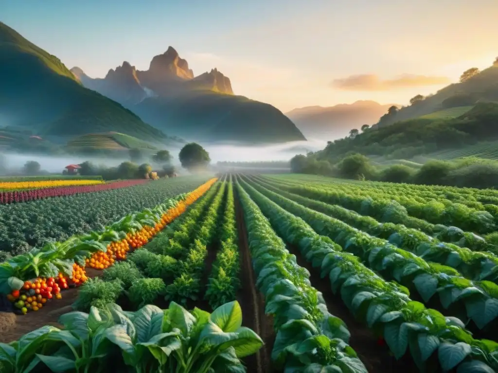 Un campo orgánico exuberante al atardecer, lleno de cultivos vibrantes y sin químicos