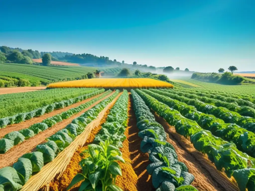 Un campo orgánico exuberante con cultivos sin gluten como quinoa, kale y tomates, cuidados por dedicados agricultores