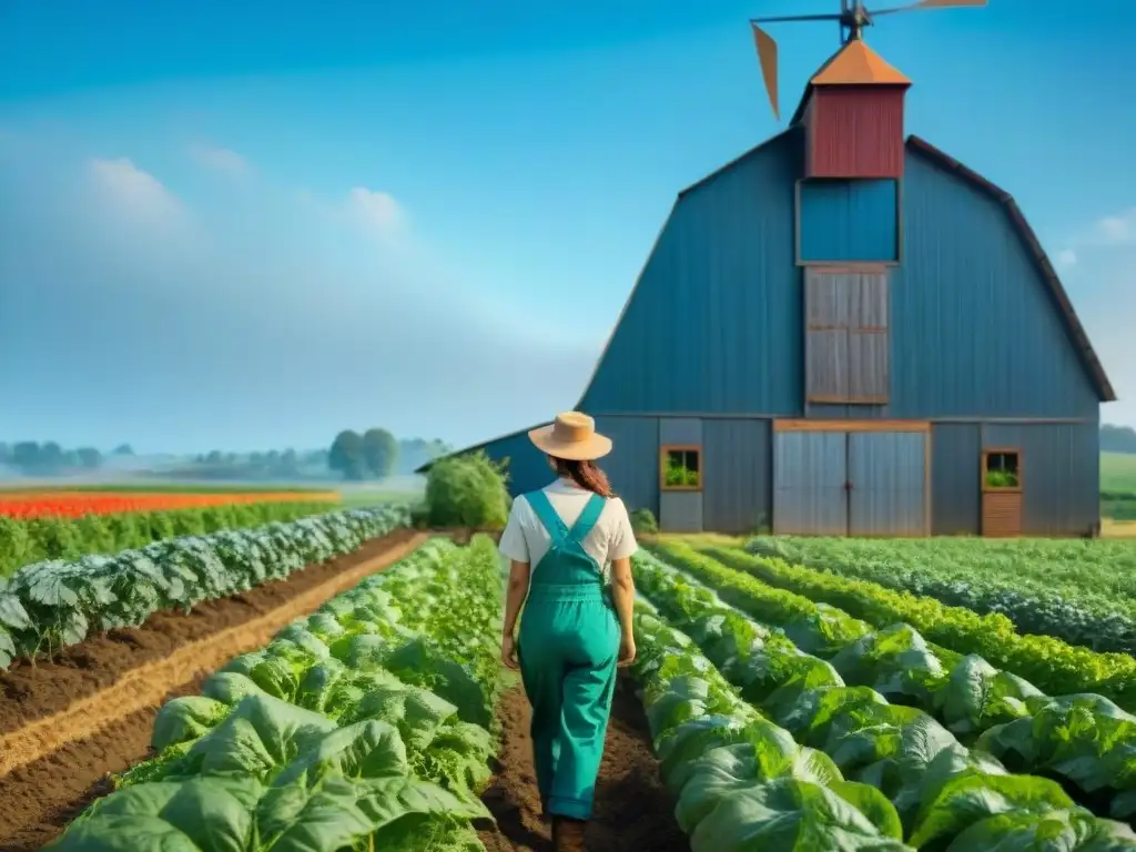 Un campo orgánico exuberante con cultivos vibrantes y un granjero sonriente