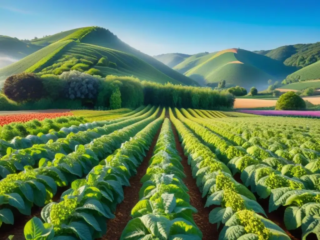 Un campo orgánico sin gluten con cultivos vibrantes y abejas entre flores, transmitiendo tranquilidad y sostenibilidad