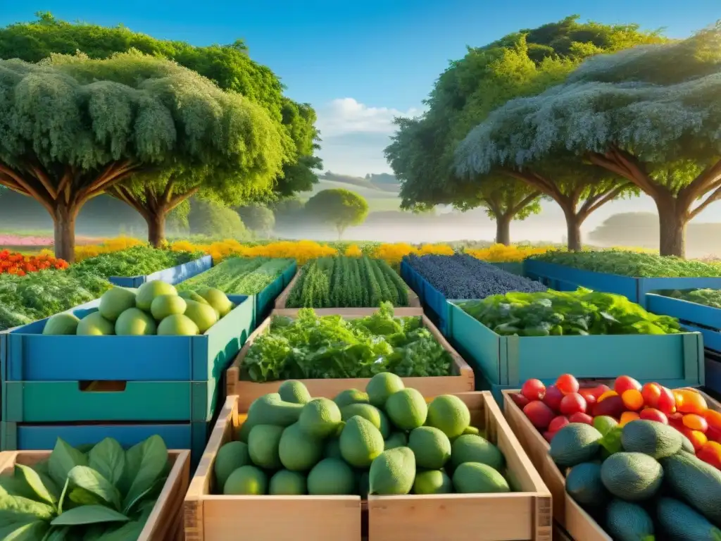 Un campo orgánico verde exuberante con frutas y verduras coloridas en cajas de madera