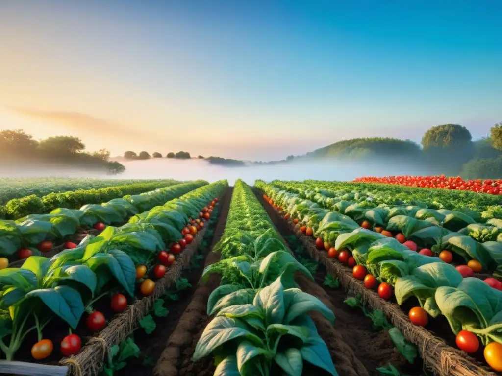 Un campo orgánico vibrante y abundante, con productos coloridos y sin gluten, refleja armonía con la naturaleza