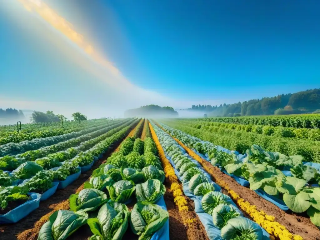 Un campo orgánico vibrante y abundante, con frutas y verduras coloridas bajo el sol