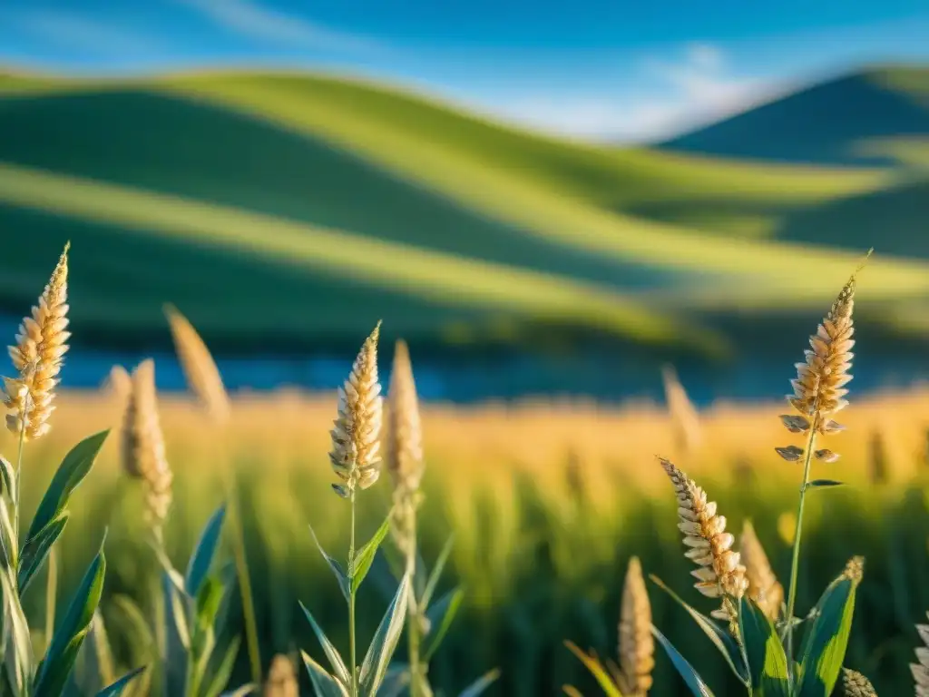 Un campo sereno de avena dorada ondeando suavemente al viento, con colinas verdes y cielo azul