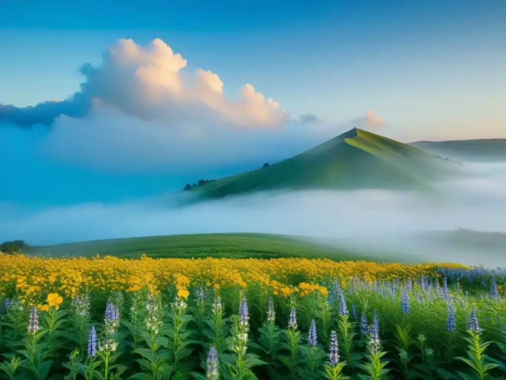 Un campo sereno y exuberante con flores silvestres vibrantes bajo un cielo azul claro, resaltando la belleza de edulcorantes naturales sin gluten impacto