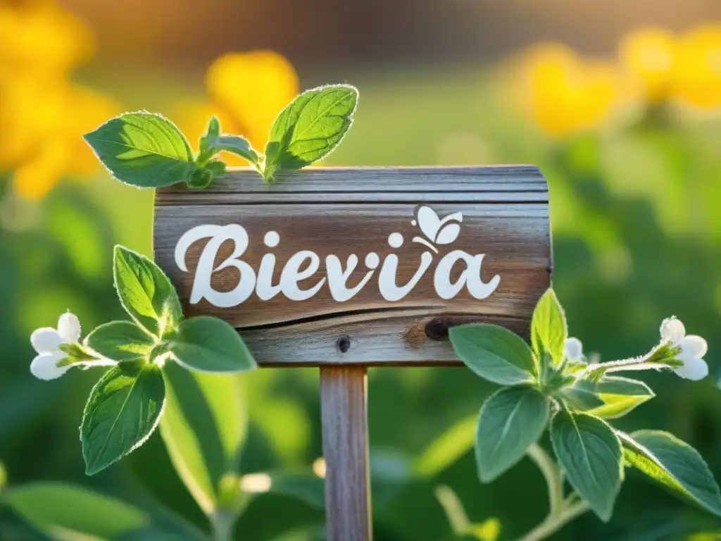 Campo de stevia: oasis natural de dulzura y vida Un campo sereno y exuberante de plantas de stevia bajo la luz dorada, con hojas verdes brillantes cubiertas de rocío