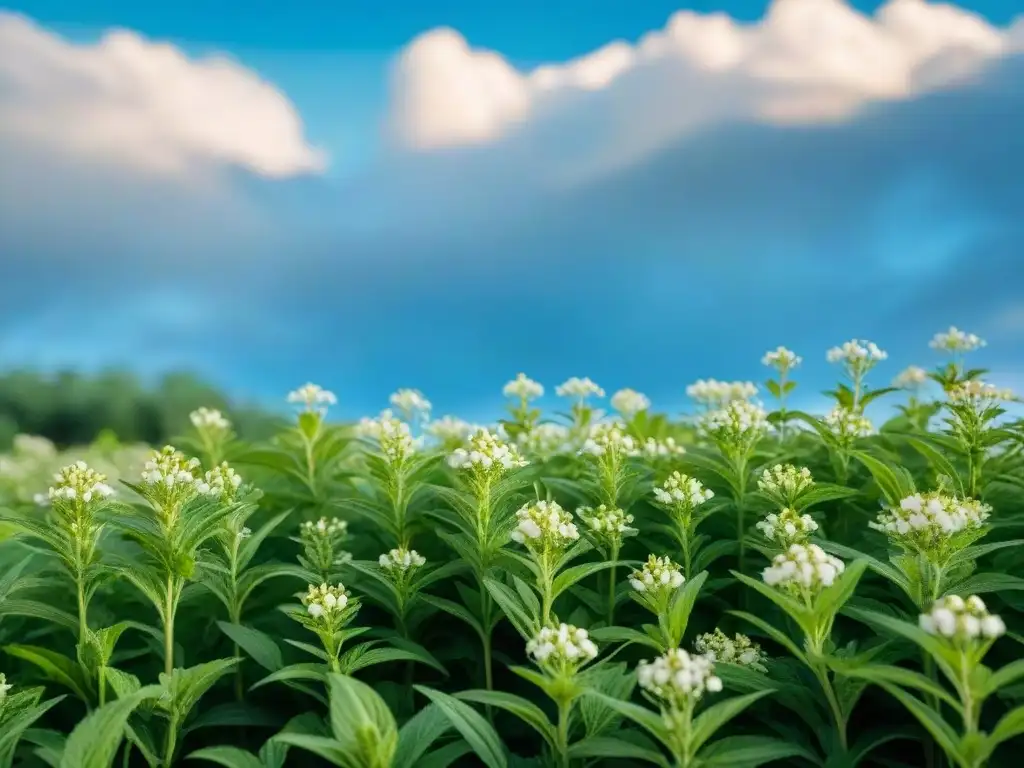 Un campo sereno de plantas de estevia bañado por el sol, transmitiendo belleza natural