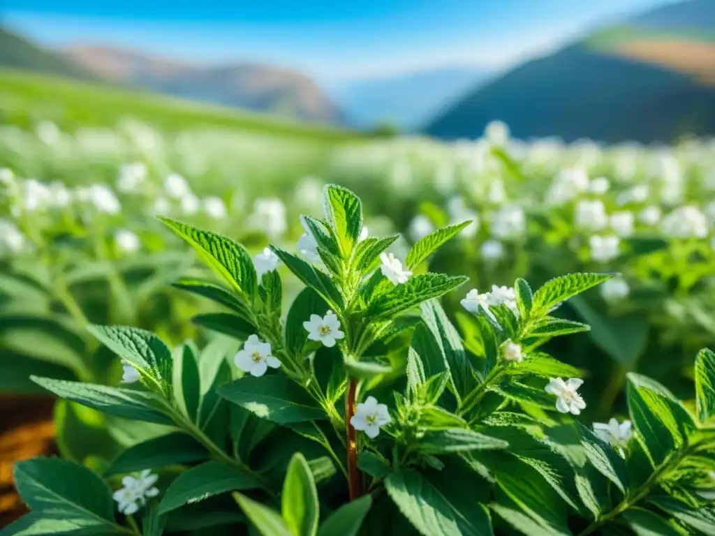 Un campo de stevia bañado por el sol, con plantas verdes, flores blancas, abejas y mariposas