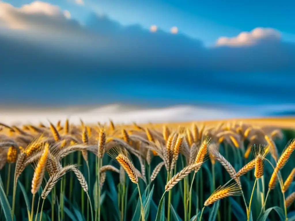 Un campo de trigo bañado por el sol, extenso bajo un cielo azul