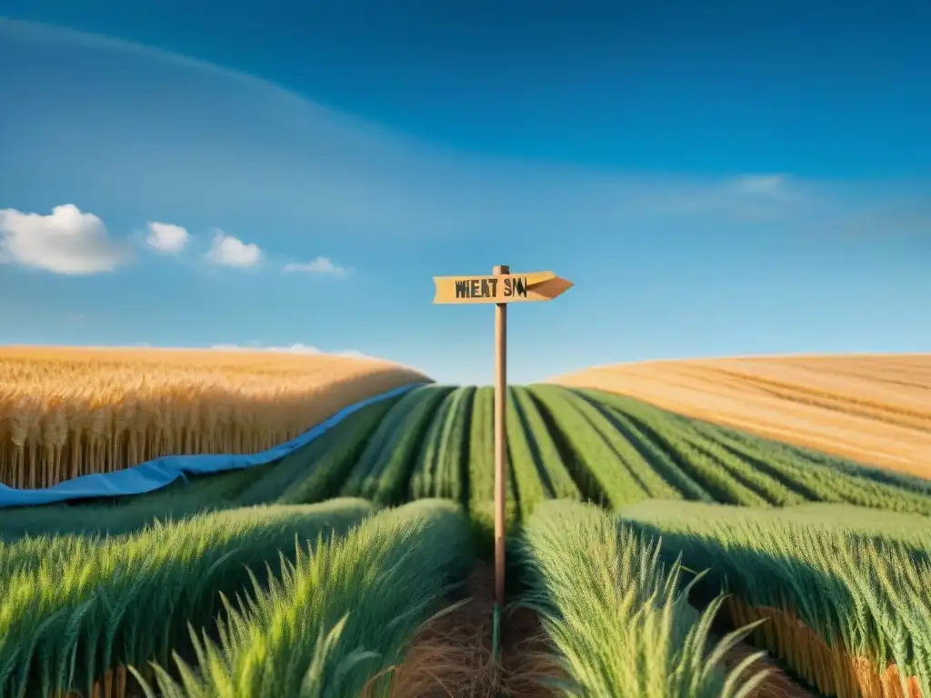 Un campo de trigo bañado por el sol con un letrero que apunta a 'Dieta sin gluten' y 'Pérdida de peso', simbolizando elecciones en la dieta